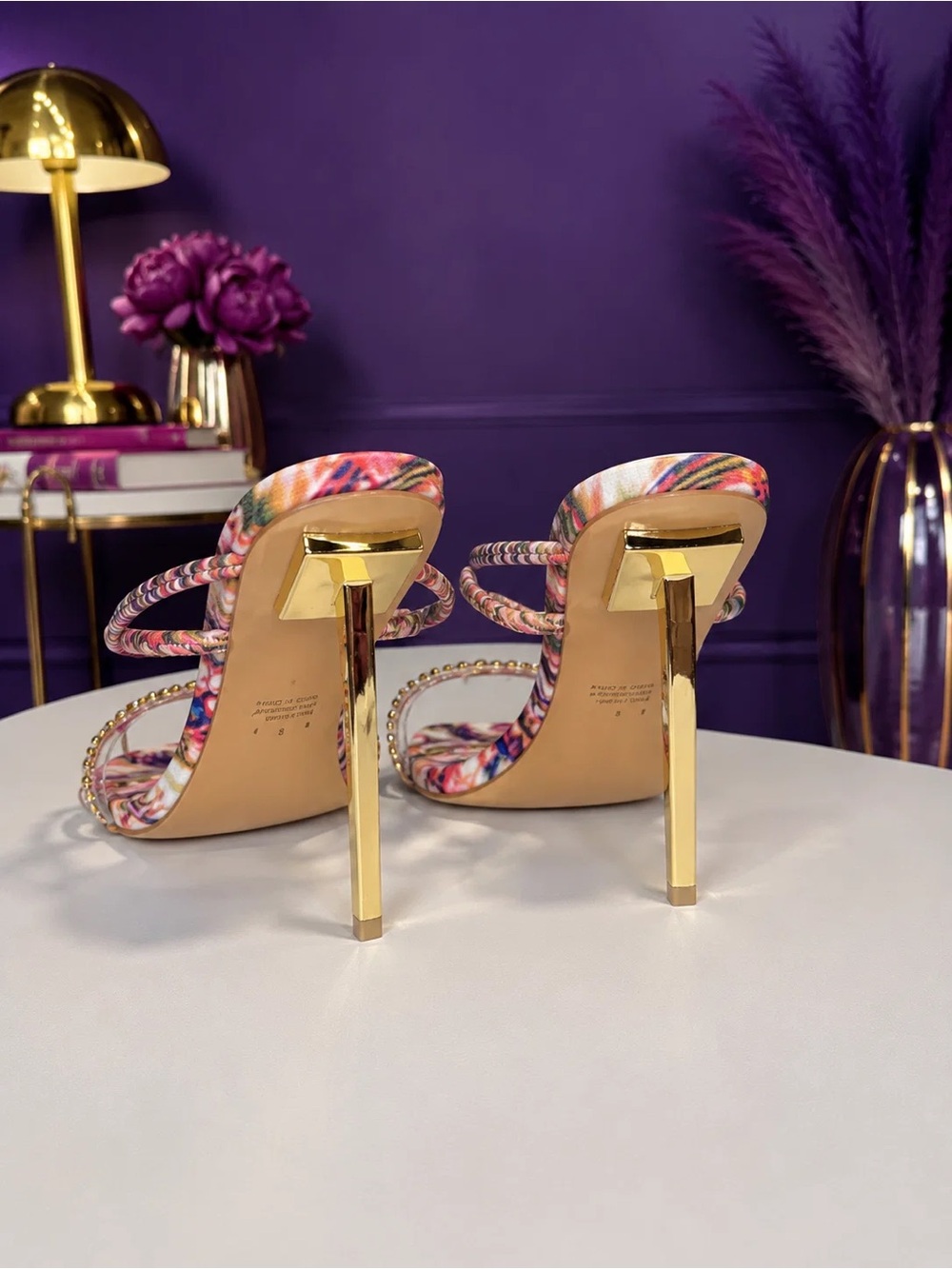 Multicolor Strappy High Heel Sandals with Gold Stiletto - Picture 2 of 2